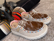 Load image into Gallery viewer, WOMENS Custom Cowhide & Beaded Hey Dudes