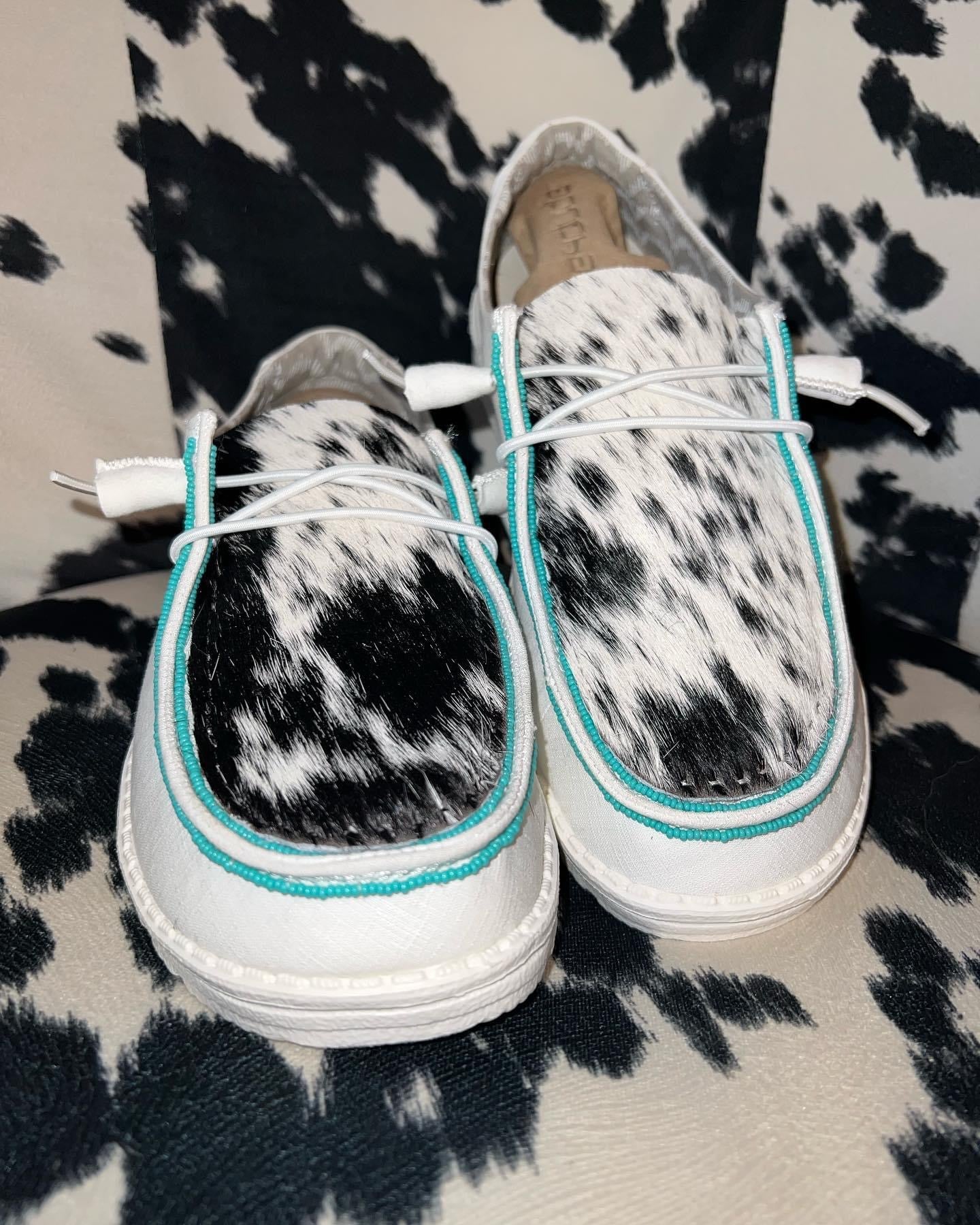 WOMENS Turquoise Beaded Cowhide Hey Dudes – Bar HK Co