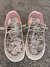 Load image into Gallery viewer, WOMENS Custom Cowhide & Beaded Hey Dudes