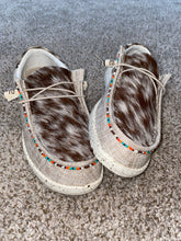 Load image into Gallery viewer, WOMENS Custom Cowhide & Beaded Hey Dudes