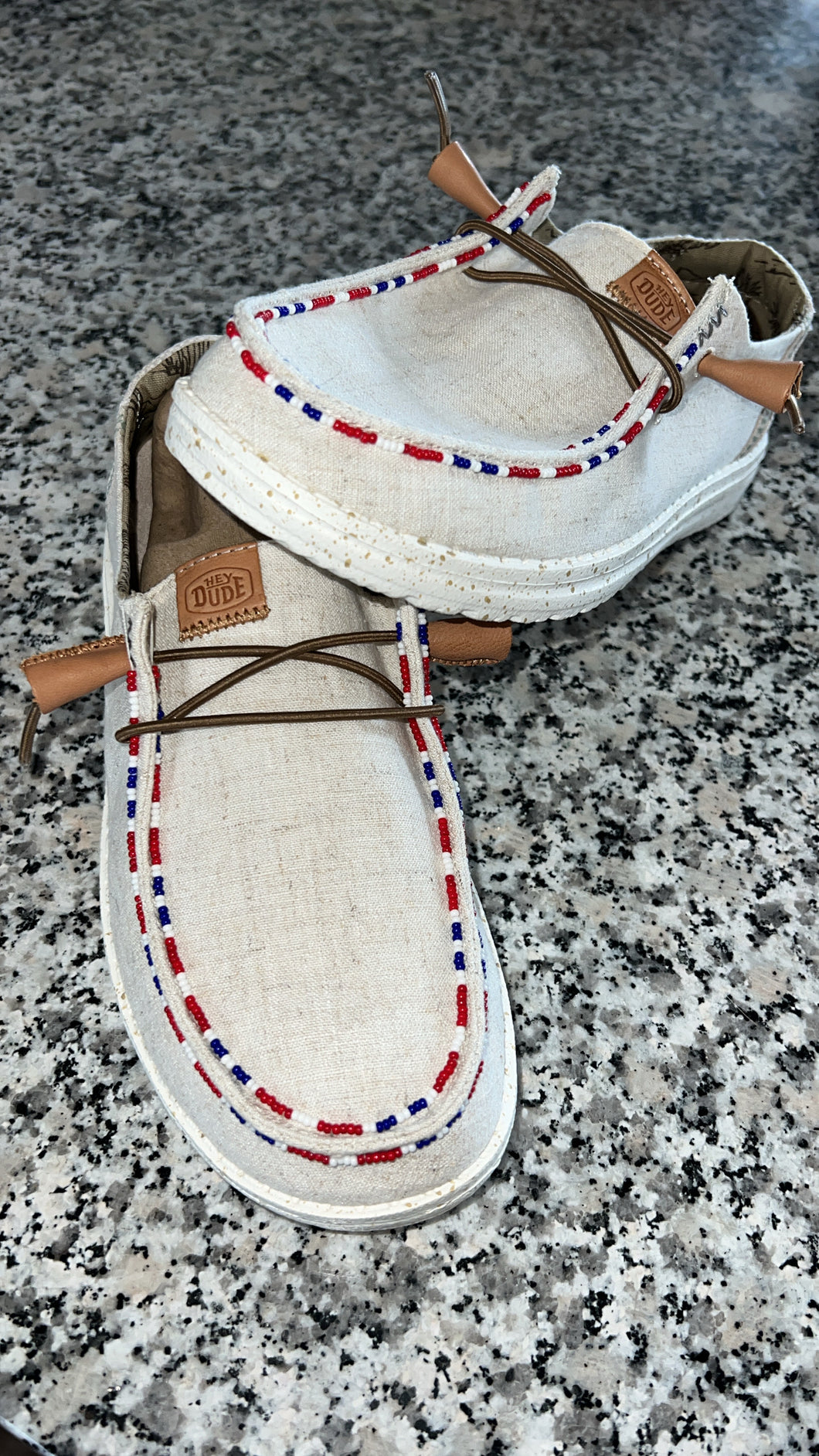 RTS Women’s Red/White/Blue Beaded Hey Dudes