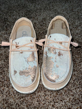 Load image into Gallery viewer, WOMENS Acid Gold Washed Cowhide Hey Dudes
